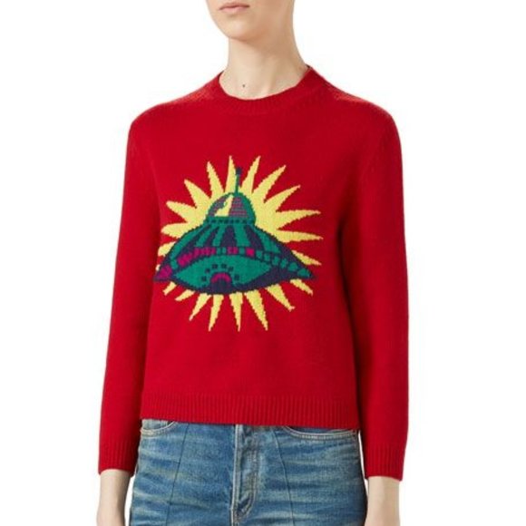 New Gucci 100% wool UFO alien spaceship intarsia knit cropped sweater jumper - Picture 1 of 16